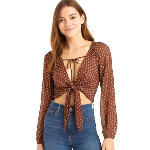 E-Lady Blouse Rust Print Multicolor Tie-Front Sheer Patterned Button Cuffs Boho‎